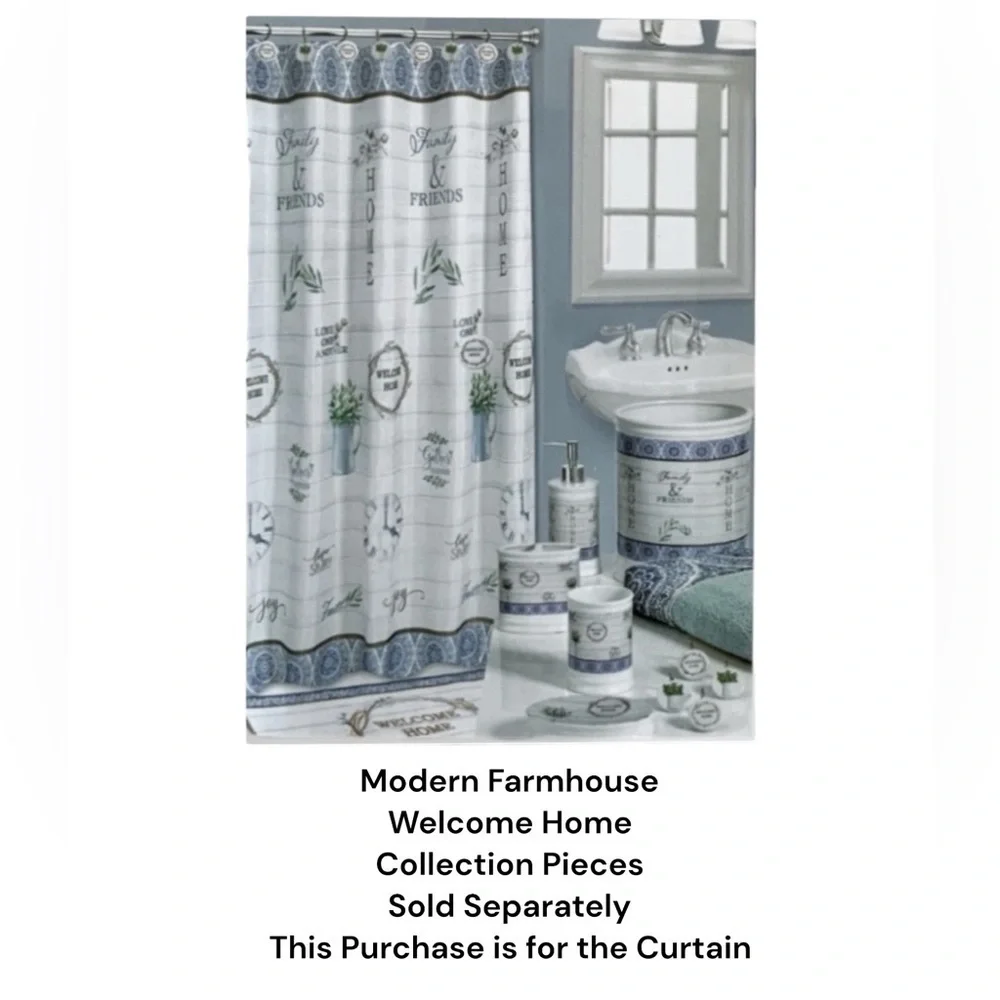 Modern Farmhouse Fabric Shower Curtain White Blue Multicolor 72 in X 72 in